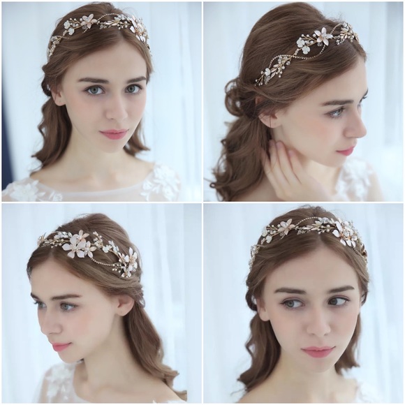 Romantic Rose Gold Flower Crystal Pearl Tiara Headdress - Picture 5 of 16